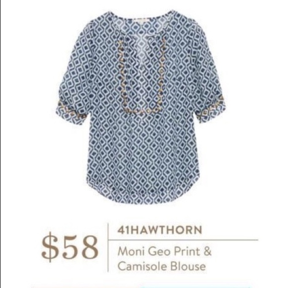 41 Hawthorn • Stitch Fix Moni tunic blouse sheer turquoise navy geo print